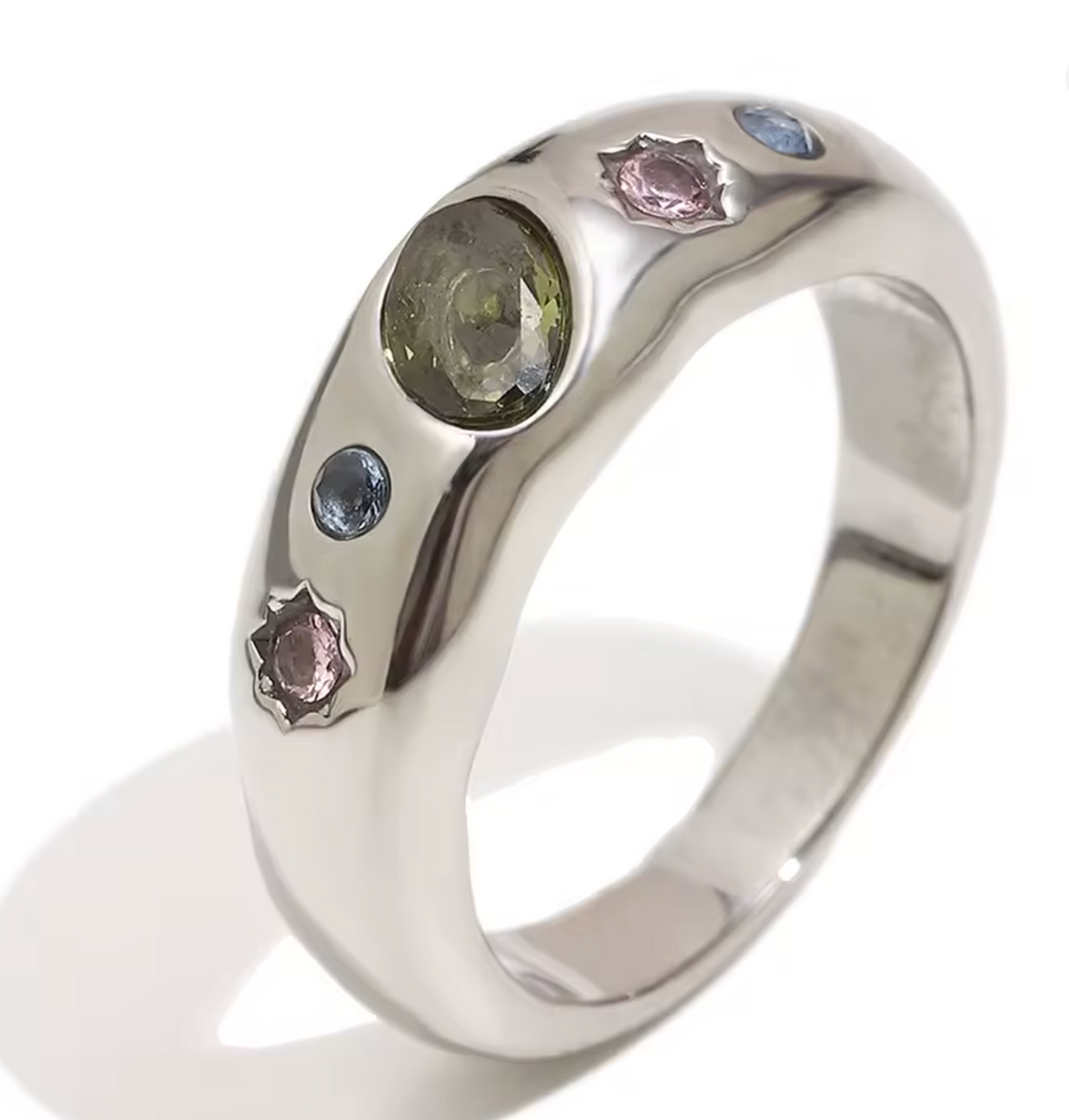 Geometric Color Zircon Stainless Steel Ring for Women