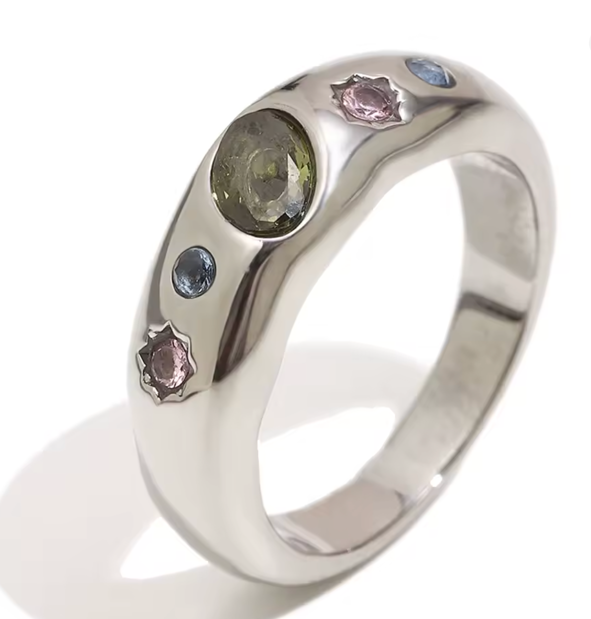 Geometric Color Zircon Stainless Steel Ring for Women