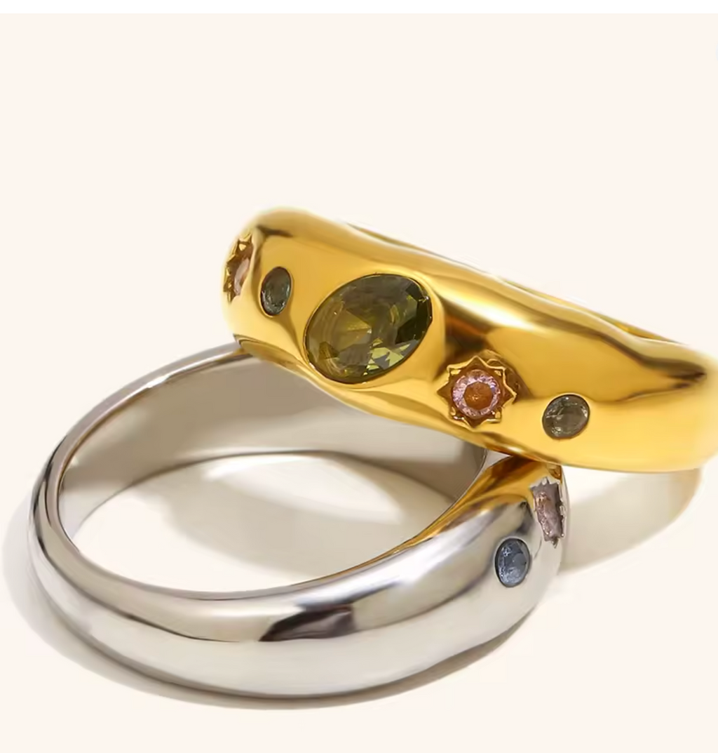 Geometric Color Zircon Stainless Steel Ring for Women