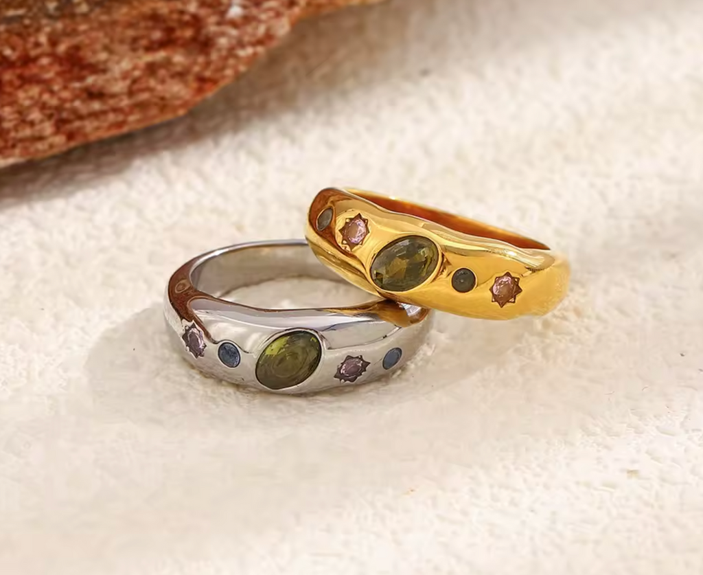 Geometric Color Zircon Stainless Steel Ring for Women