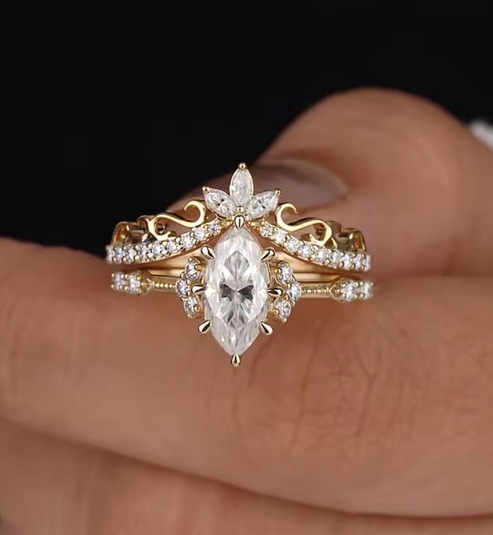 925 Sterling Silver White Marquise Zircon Ring Set for Women