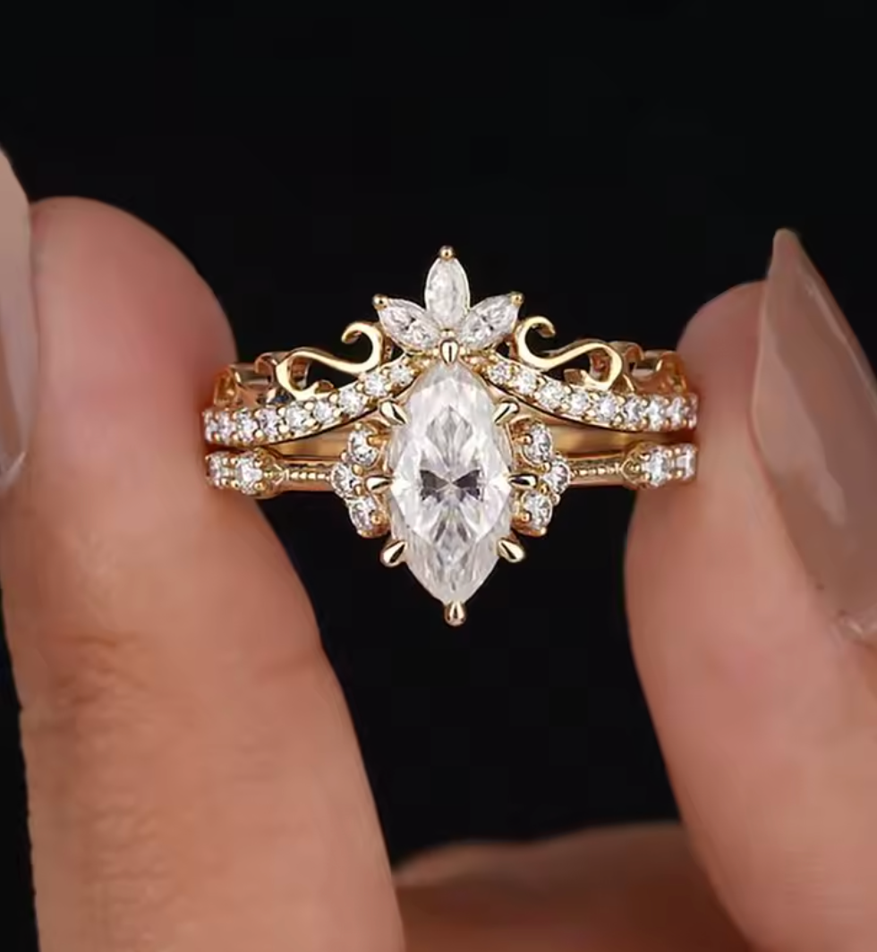 925 Sterling Silver White Marquise Zircon Ring Set for Women